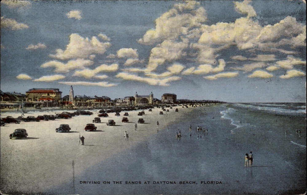 Daytona Beach Florida driving on sands 1930s cars ~ unused linen postcard sku025