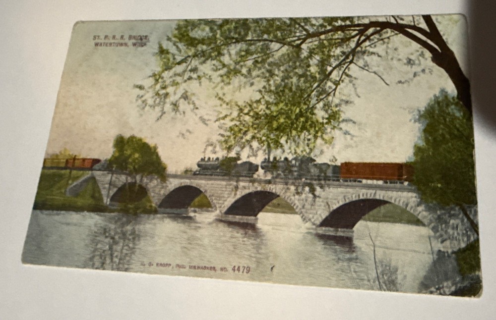 Postcard Train on St. Paul Railroad Bridge Watertown Wisconsin Posted 1909