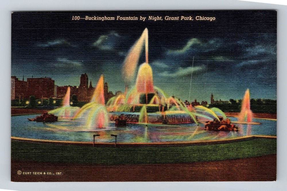Chicago IL-Illinois, Buckingham Fountain By Night, Grant Park, Vintage Postcard
