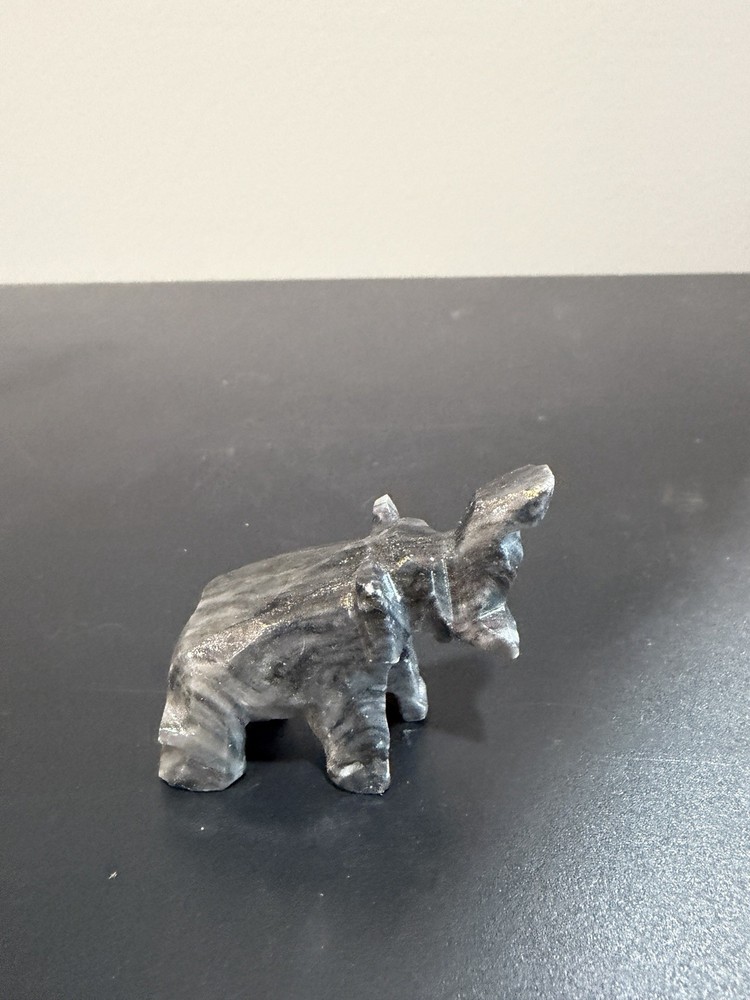 Vintage Hand Carved Stone Elephant Figurine 2” Tall w/ “Trunk Up - Fortune”