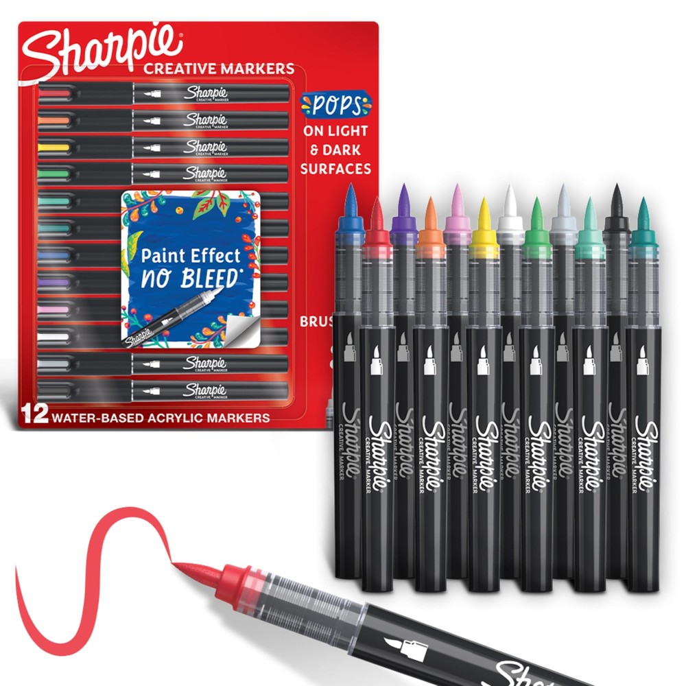 Sharpie Creative Paint-like Brush Tip Acrylic Markers, Assorted Colors, 12 Co...