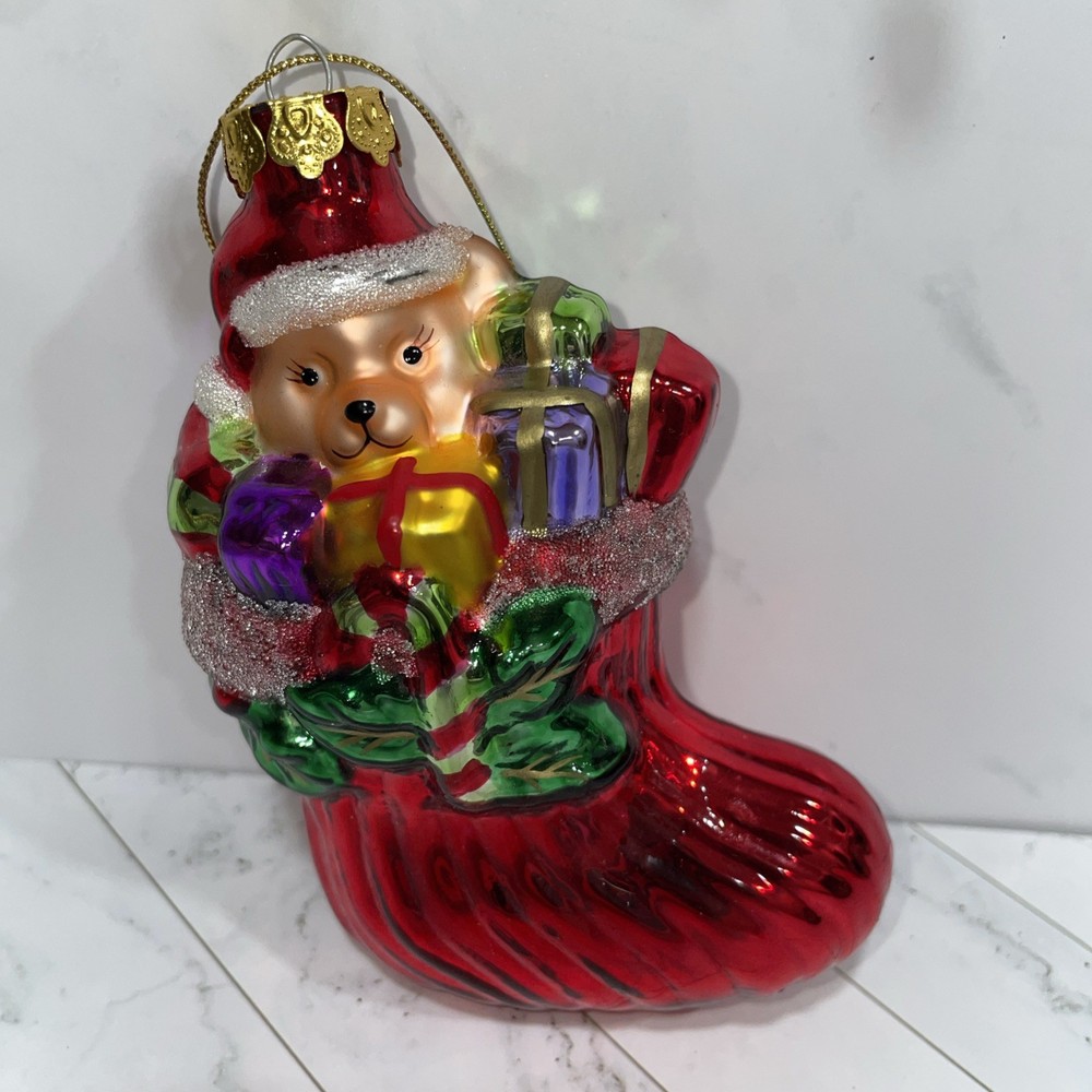 Vintage Blown Glass Christmas Ornament Depicts A Teddy Bear In Stocking 4.5