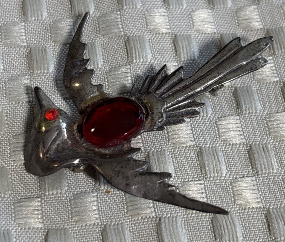 Vintage Sterling Silver Flying Bird Brooch Pin Red Jelly Belly W/ Red Stone Eye
