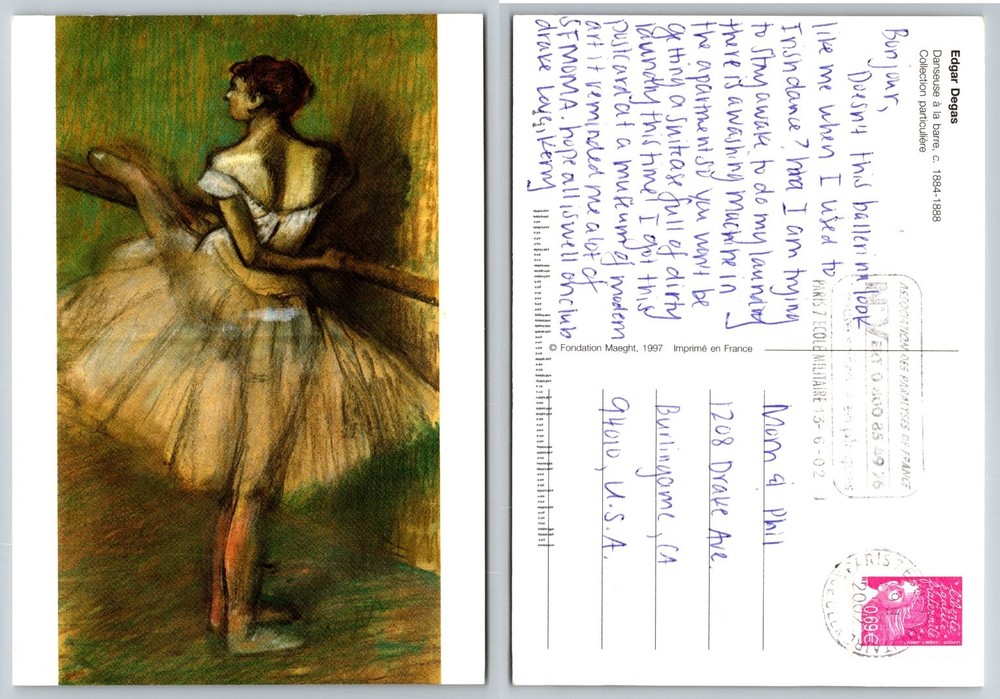 Edgar Degas Ballerina Dancer at Barre Postcard 1997 Art Print Paris Postmark