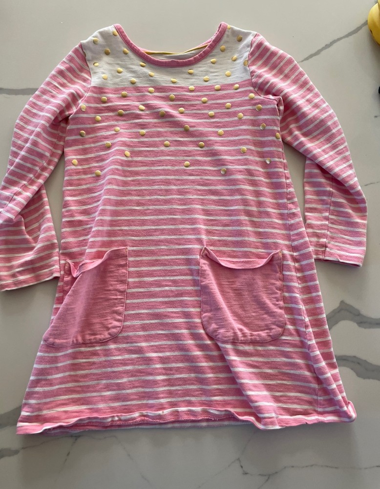 Mini Boden pink gold polka dot T-shirt Long-sleeve Dress pockets girls 9-10y