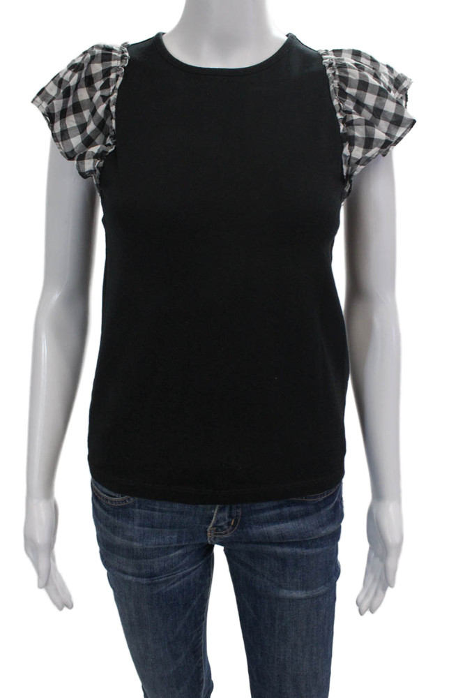 Kate Spade New York Womens Cotton Check Short Sleeve Blouse Black Size 2XSFree Shipping in US $100+ Orders | $6.95 Orders Below