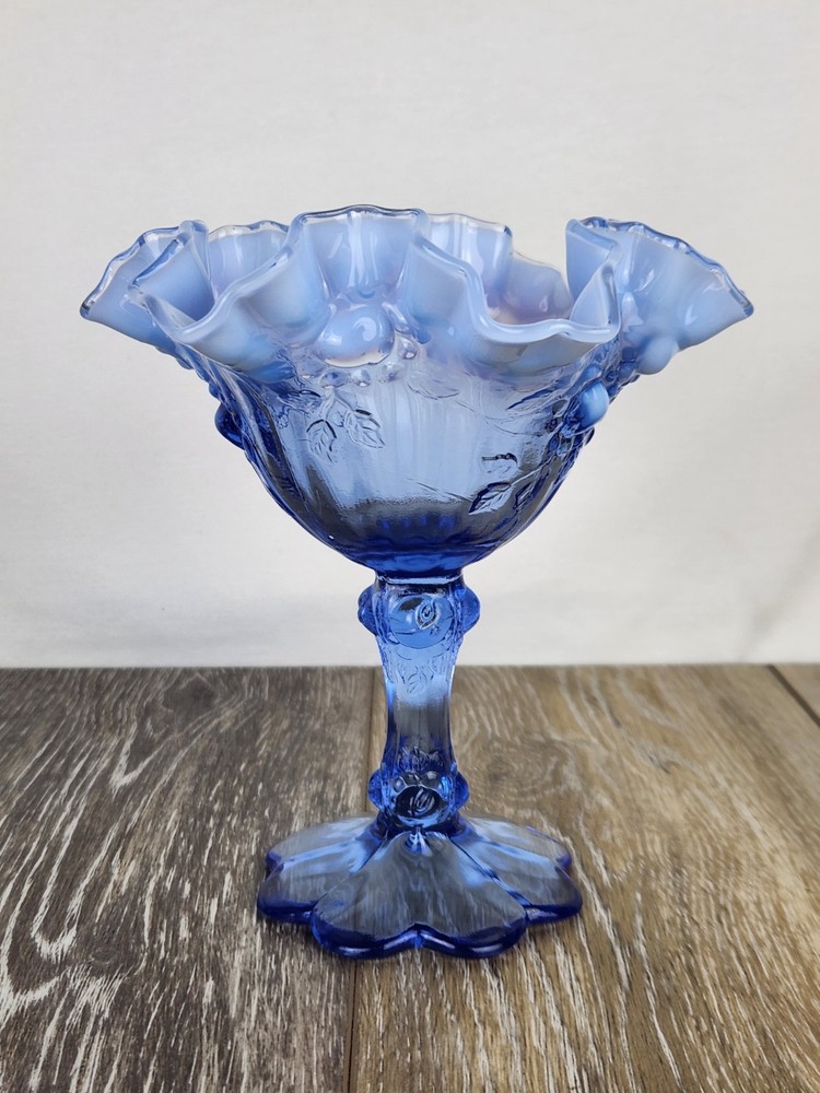 Fenton Blue Opalescent Glass Cabbage Rose Compote Pedestal Dish