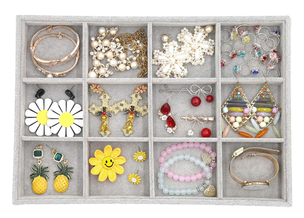 Stackable 12-Grid Velvet Jewelry Tray Organizer for Bracelets & Accessories