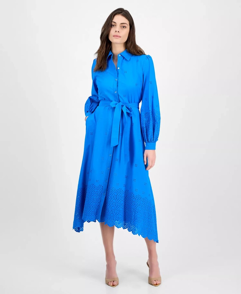 julia jordan Women's Long-Sleeve Cotton Eyelet Dress Blue Size XS