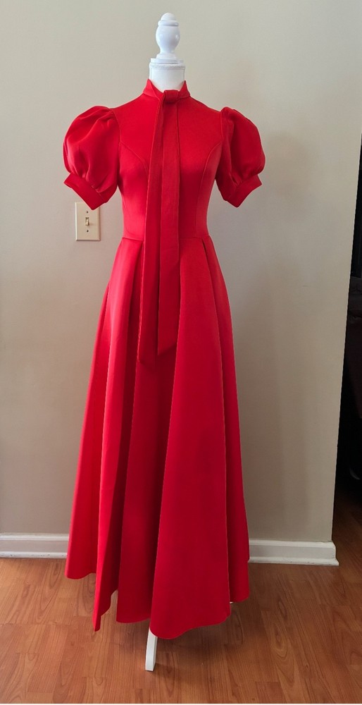 Red Puff Sleeve High Neck Vintage Formal Dress • Modest Elegant Maxi Gown