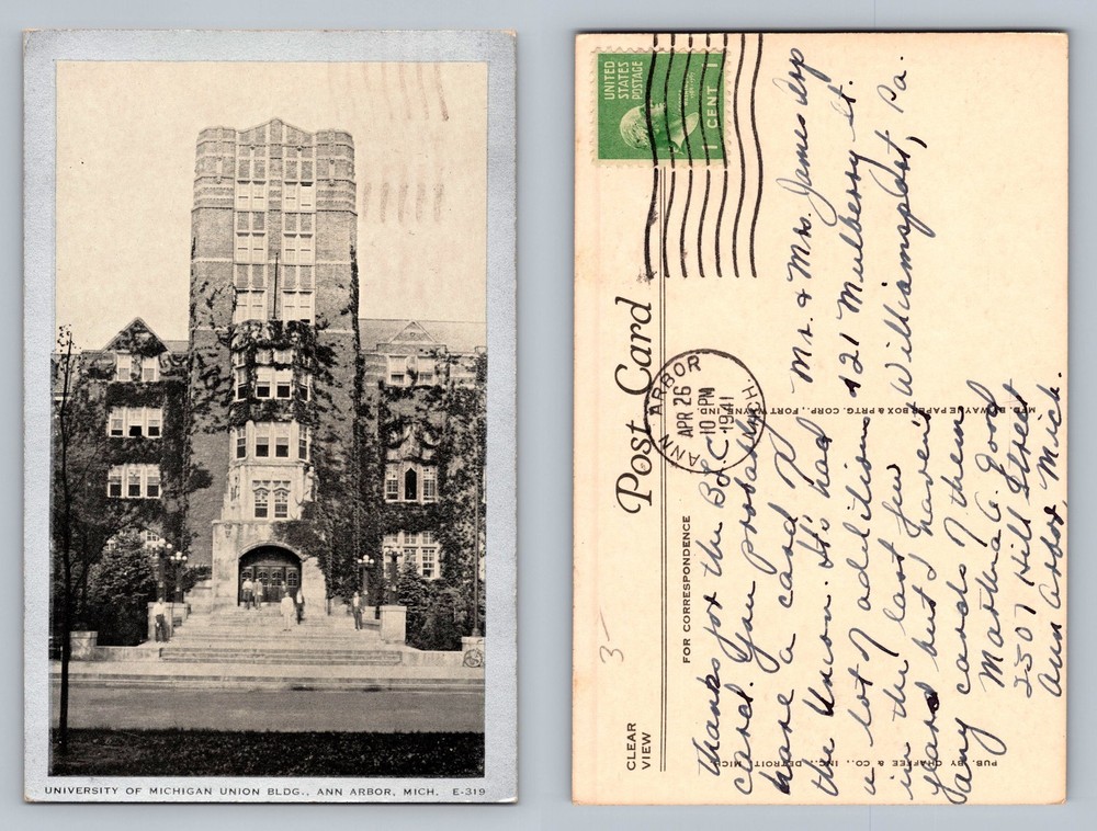 Ann Arbor, MI-Michigan, University of Michigan Union c1941 Post Vintage Postcard