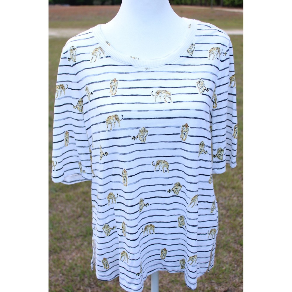 Chicos Womens Size Medium White Striped Leopard Print Short Sleeve T-Shirt Top