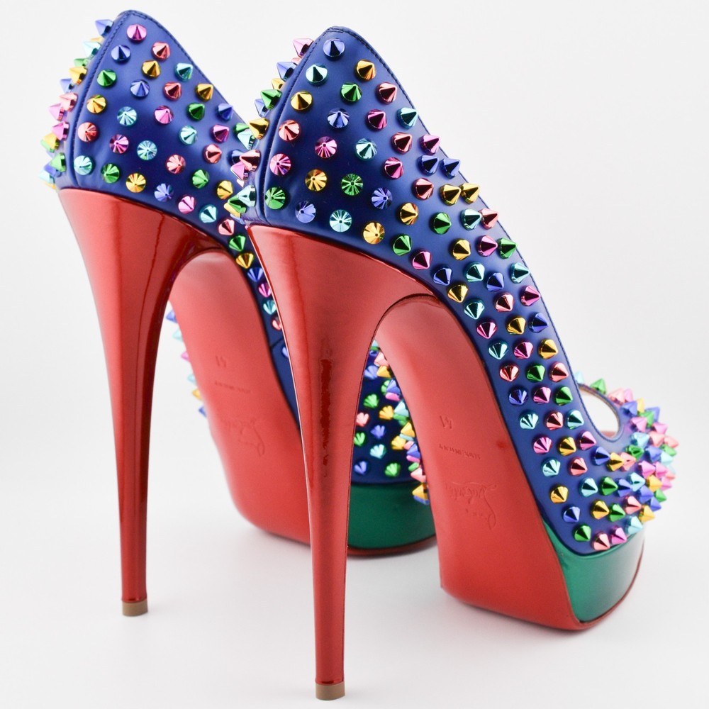 READ Louboutin Lady Peep Spikes 150 Metallic Patent Heels Pumps leather US 10.5