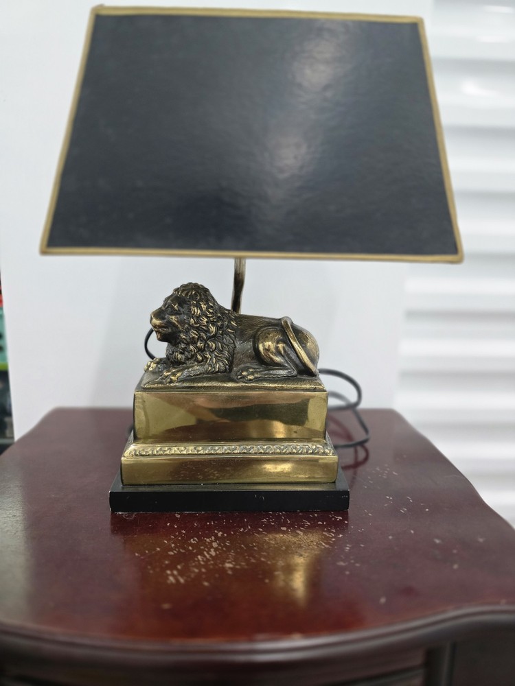 Antique Brass Lion Table Lamp with Black Rectangular Shade, Corded Electric