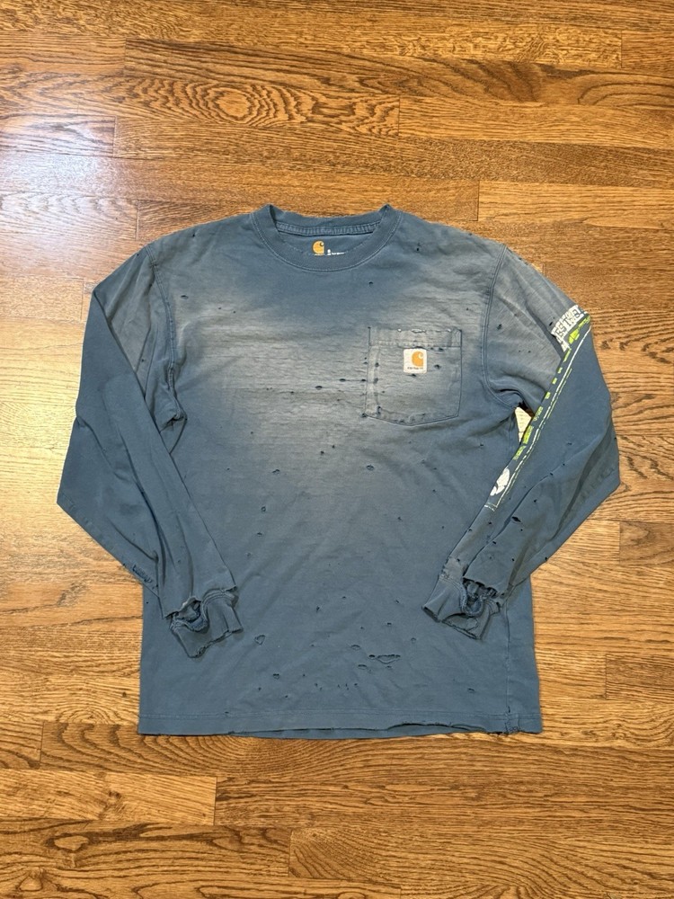 Carhartt Pocket Long Sleeve Tee Faded Blue Distressed Workwear Made in Mexico S