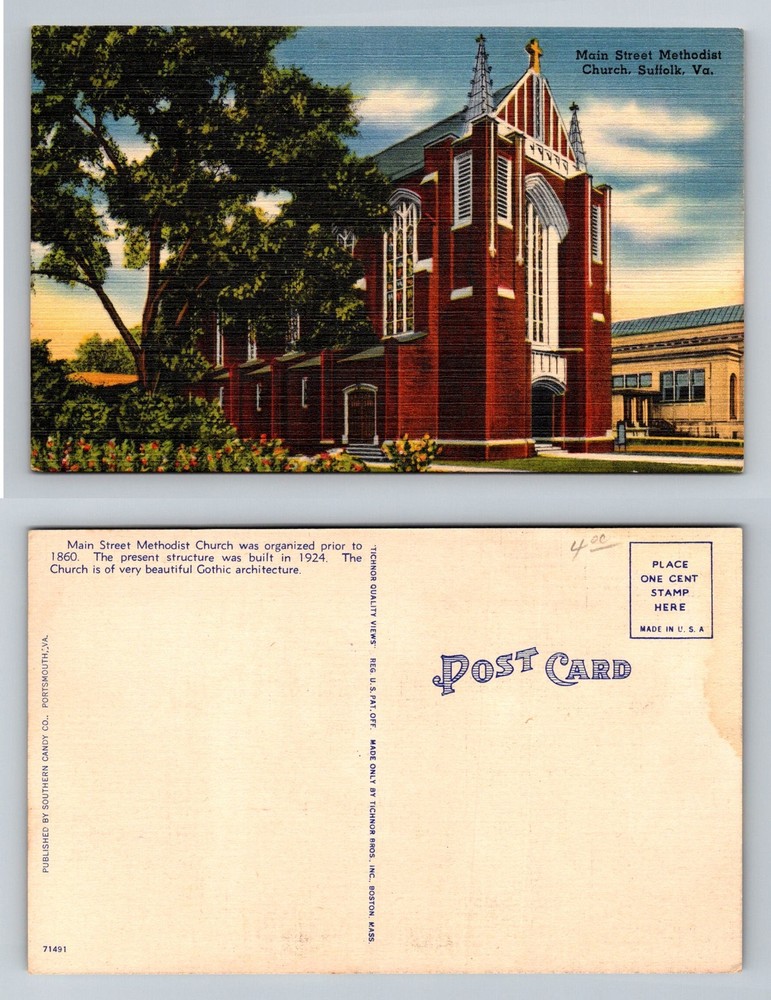 Suffolk, VA-Virginia, Main Street Methodist Church Gothic Vintage Postcard