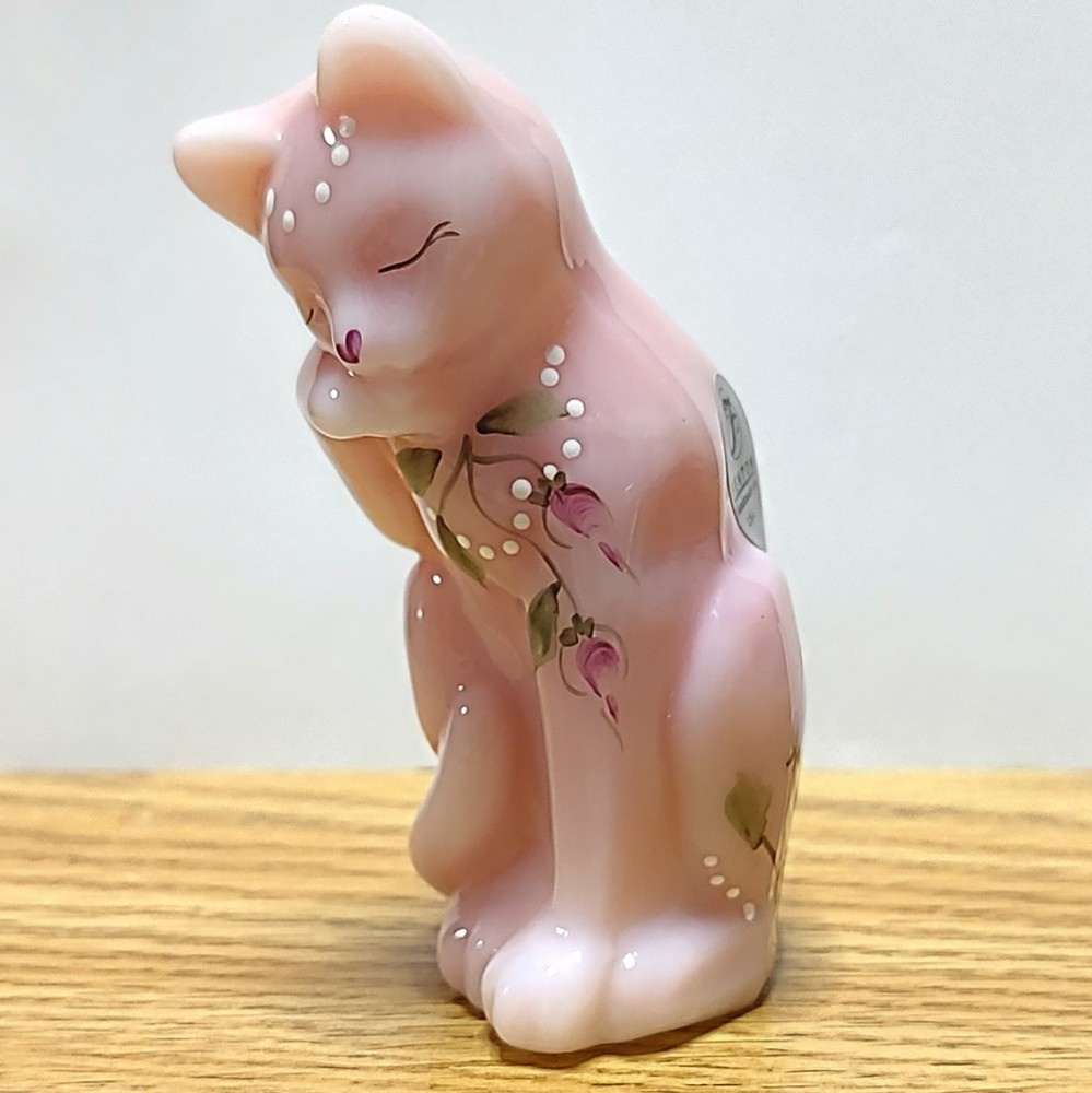 Fenton Pink Rosalene Satin Glass Grooming Cat Handpainted Signed Vintage