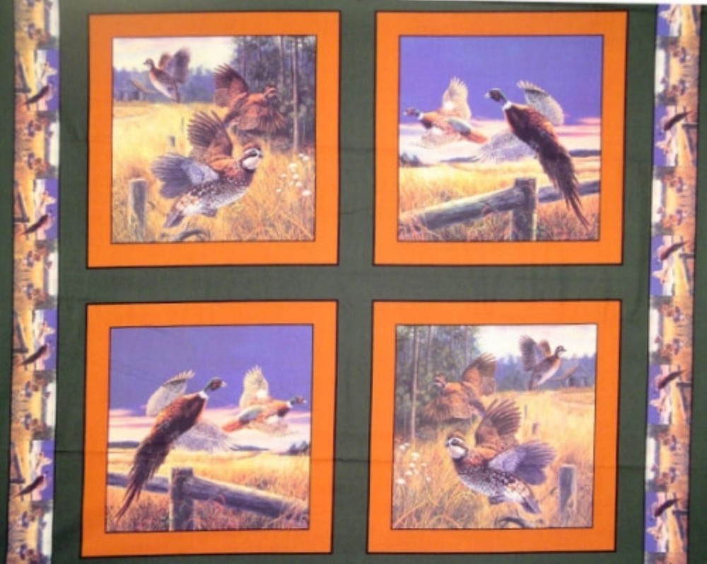 4 Pheasants Busting Loose Pillow Panels Fabric 100% Cotton Wildlife