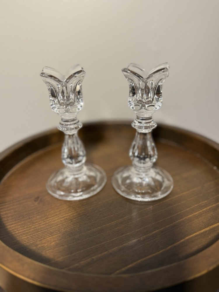 Vtg Gorham Full Lead Crystal Tulip Candlesticks Pair Germany Original labels  6”