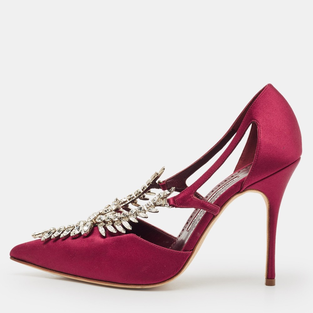 Manolo Blahnik Burgundy Satin Lala Pumps Size 38.5 Women's Luxury Heels