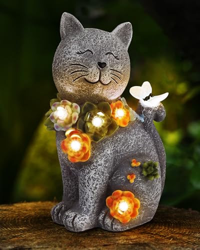 Solar Garden Statues Lights, Cat Figurines Succulent Flower Butterfly Art