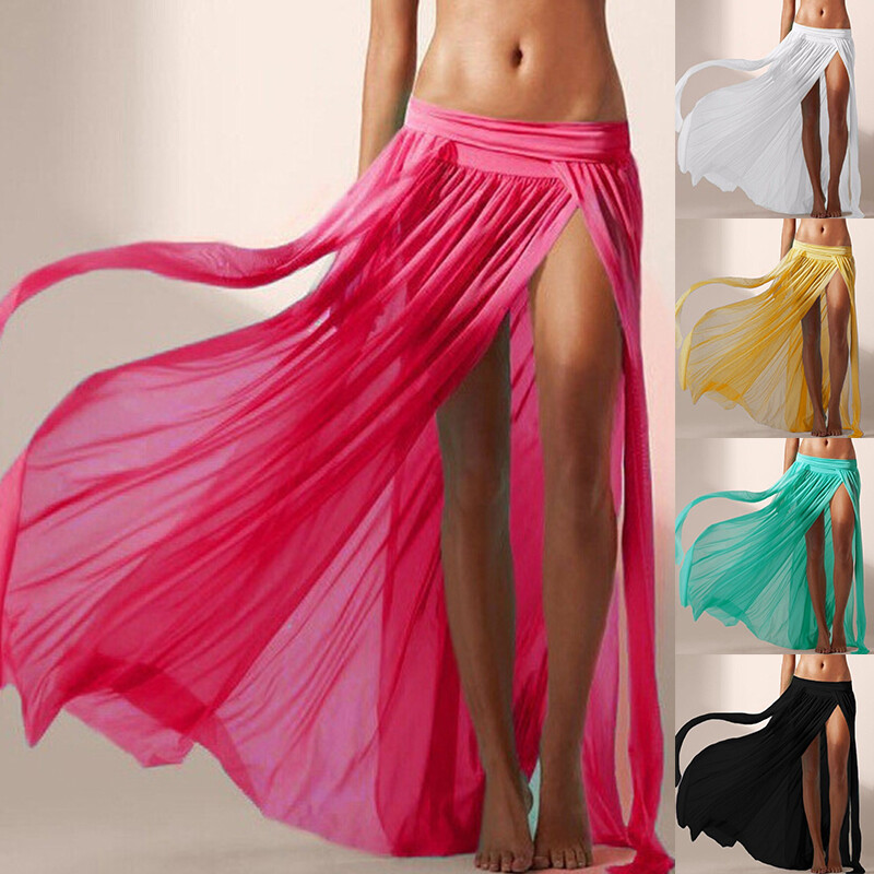 Womens Stretch Mesh Sheer Long Side Slit Maxi Skirt Bikini Cover Ups Wrap Sarong
