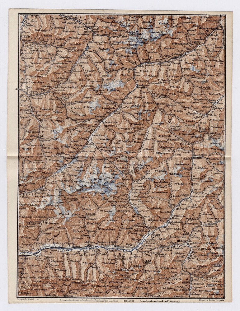 1887 Antique Map Valtellina Albula Alps Piz Vadret Bernina Italy Switzerland
