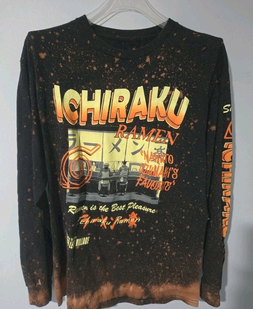 Naruto Ichiraku Ramen Shirt Mens Size M Anime Graphic Bleach Dye Black Long...