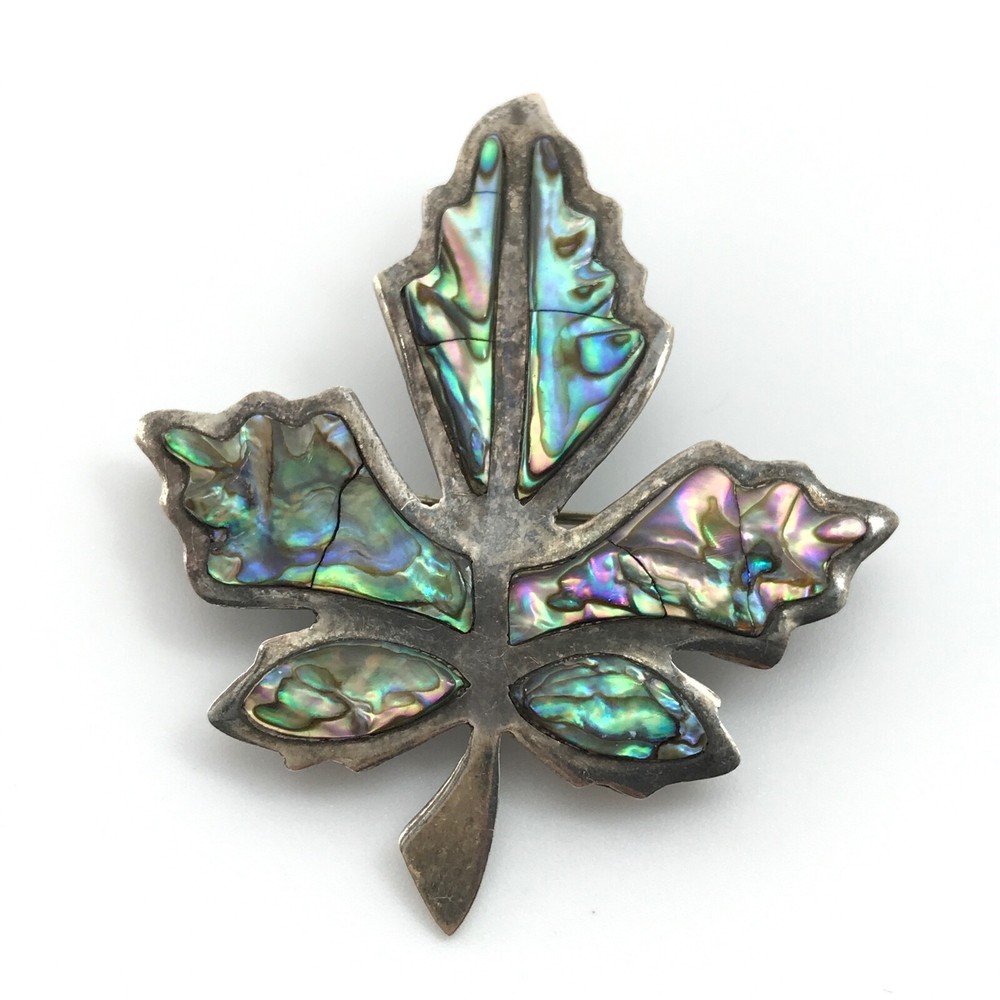 Vintage 925 Mexico Sterling Silver Abalone Maple Leaf Brooch Pin