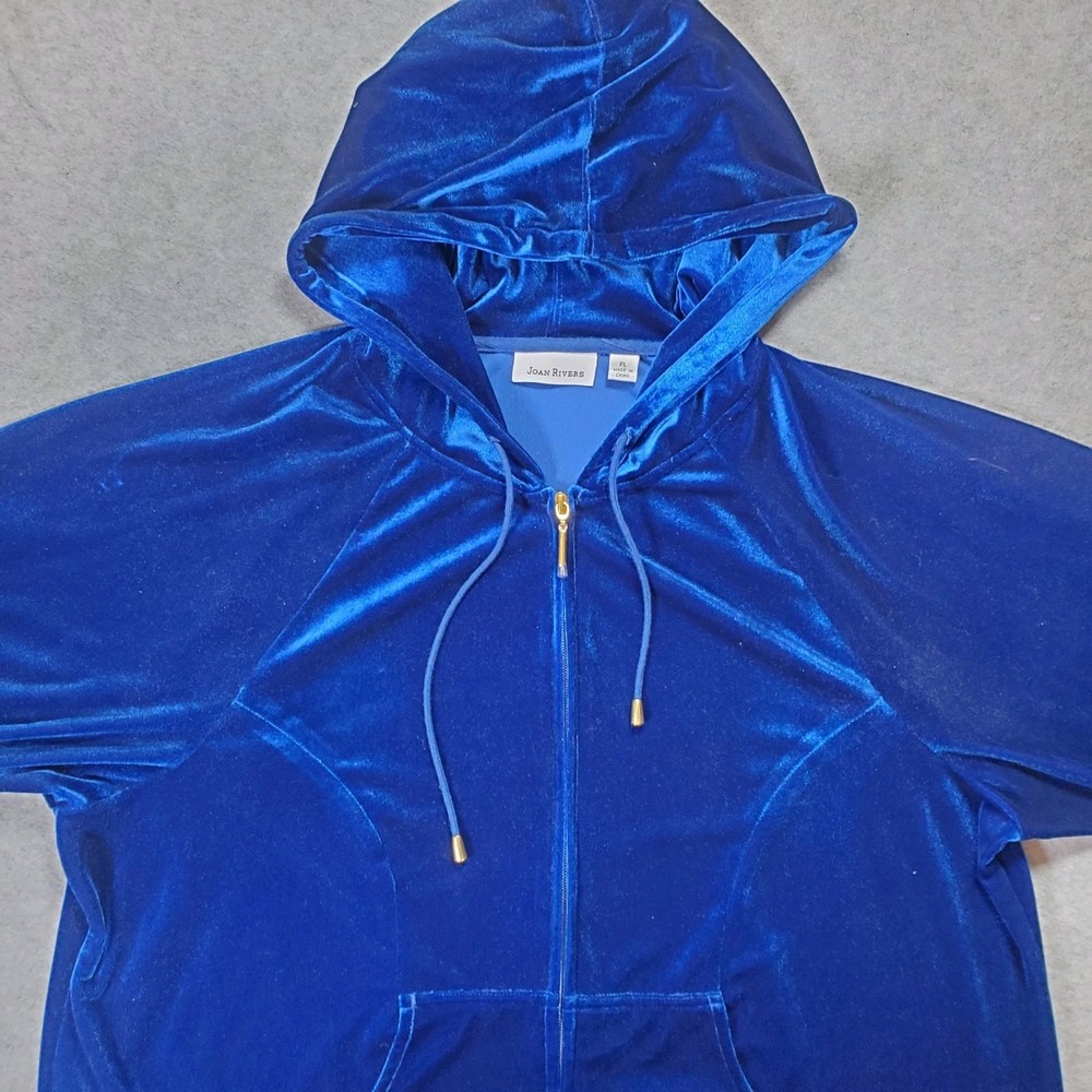 Vintage Joan Rivers Robe Lounge Wear Size PL Blue Velvet Half Zip With Hood