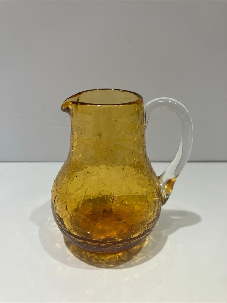 Vintage Hand Blown Crackle Amber Glass Pitcher Creamer apx.  3 1/2