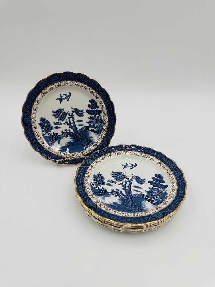 Booths Real Old Willow A8025 Salad Plates Set of 5 Gold Rim Scalloped England