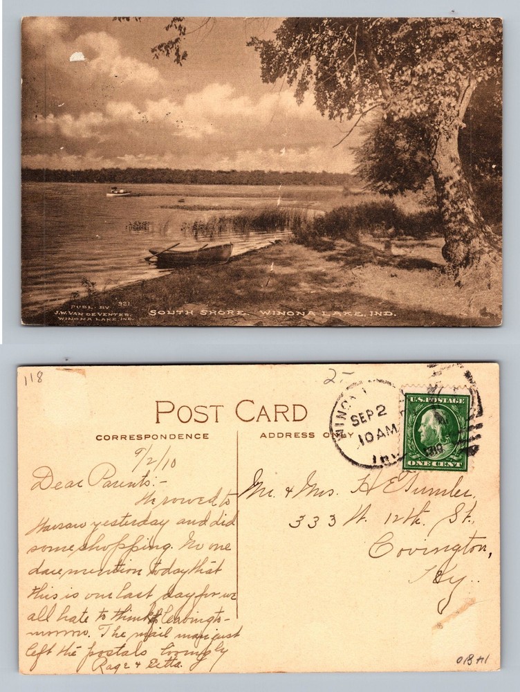 Winona Lake, IN-Indiana, South Shore Canoe View Old Post Vintage c1910 Postcard
