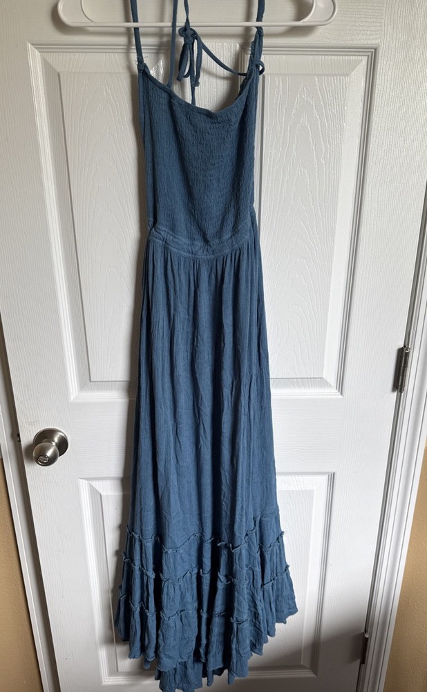Women Summer Casual Blue Dress Sleeveless Halter Strap Flowy Boho Dress SZ 4/6