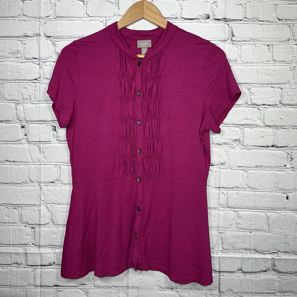 J Jill Ruffle Button Up Tunic Blouse Womens Size Medium Purple Short Sleeve Top
