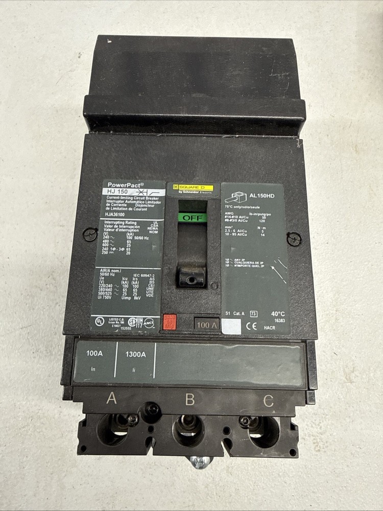 Square D HJA36100 PowerPact 100 Amp I-Line Circuit Breaker 600 VAC 3 Pole