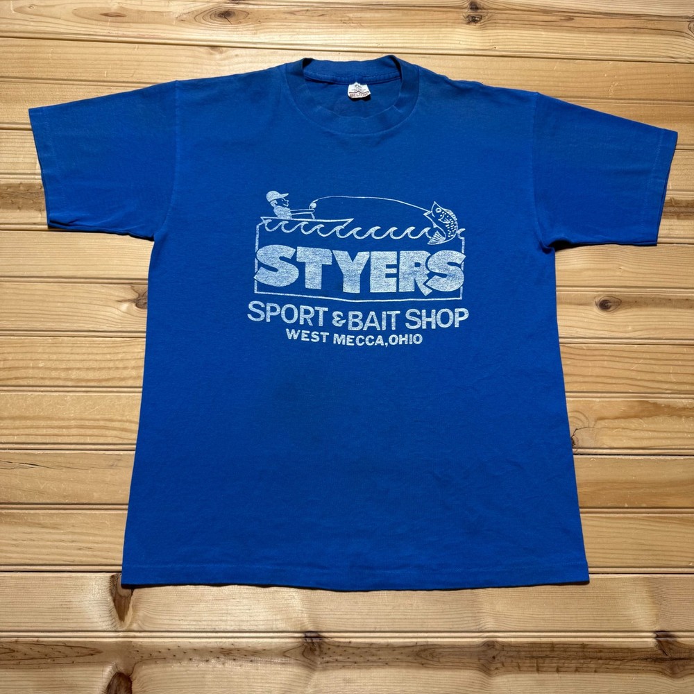 Vintage 80s Styers Sport & Bait Shop West Mecca Ohio Fishing T-Shirt - Medium