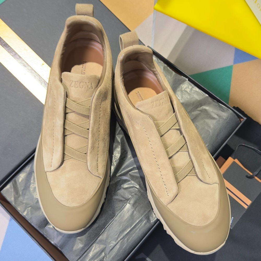 ZEGNA Triple Stitch Vetta Sneakers In Beige Suede Leather Loafers Full Sizes