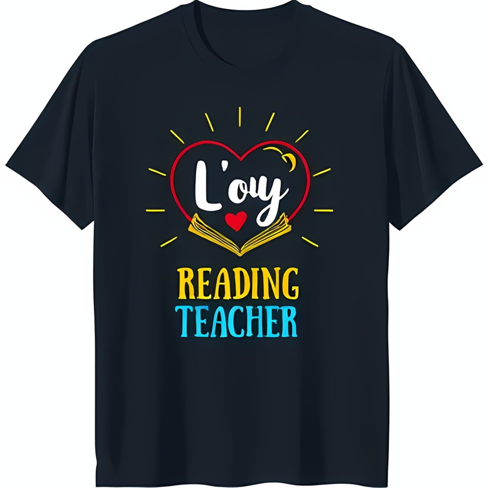 Black T-Shirt with Yellow & Red Heart 'L'oy' Over Open Book Reading Teacher Desi