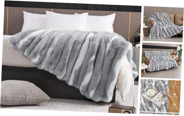 Throw Blanket for Bed - Faux Rabbit Fur Throw Blanket for 50''x60'' Light Grey