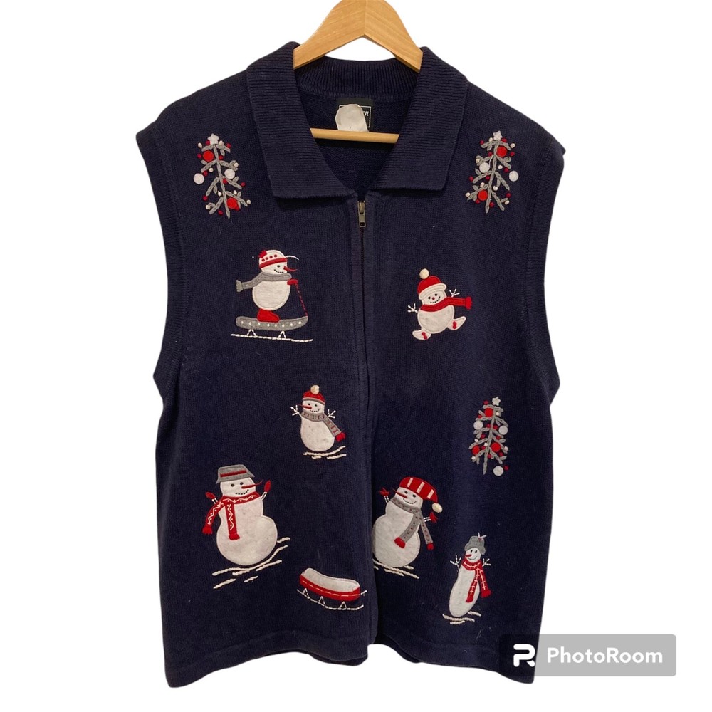 Vintage Christmas Snowman Winter Sweater Vest Embroidered Full Zip Womens XL