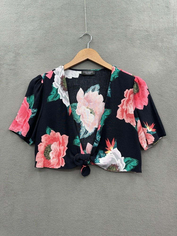 Zara Accessories Crop Top Women’s Small Floral Tie Front V Neck