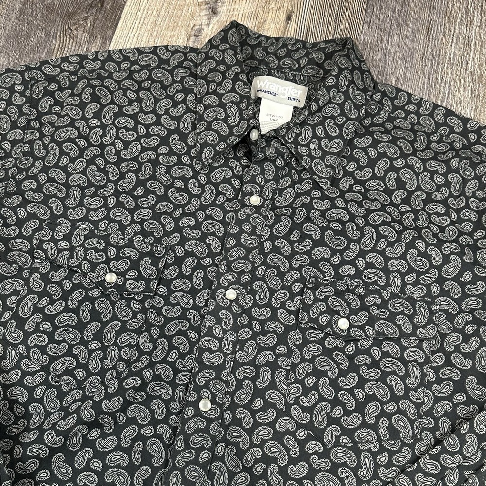 Wrangler Wrancher Western Pearl Snap Button Paisley Shirt Mens Large Gray Rodeo