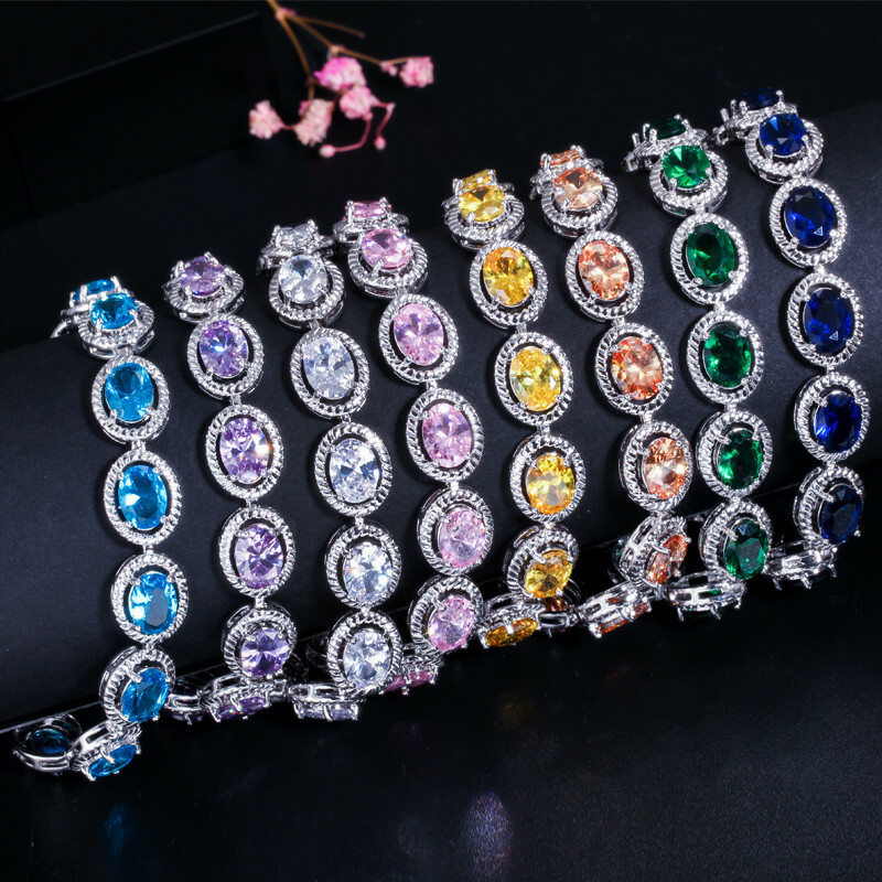 Silver Plated CZ Blue Round Tennis Cut Cubic Zirconia CZ Bridal Wedding Bracelet