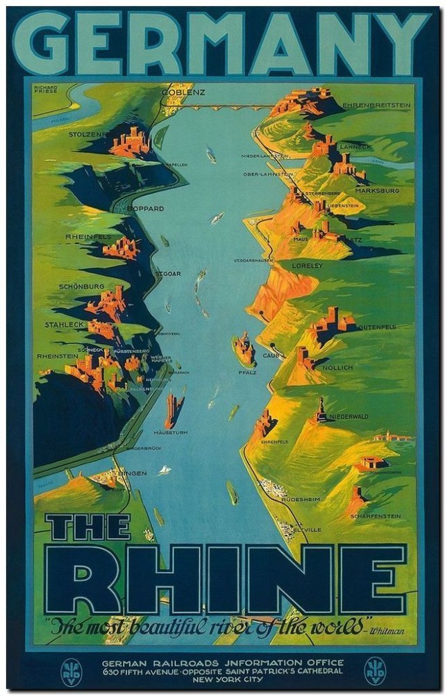 Cool Retro Travel Poster *FRAMED* CANVAS ART The Rhine Gemany 24x16