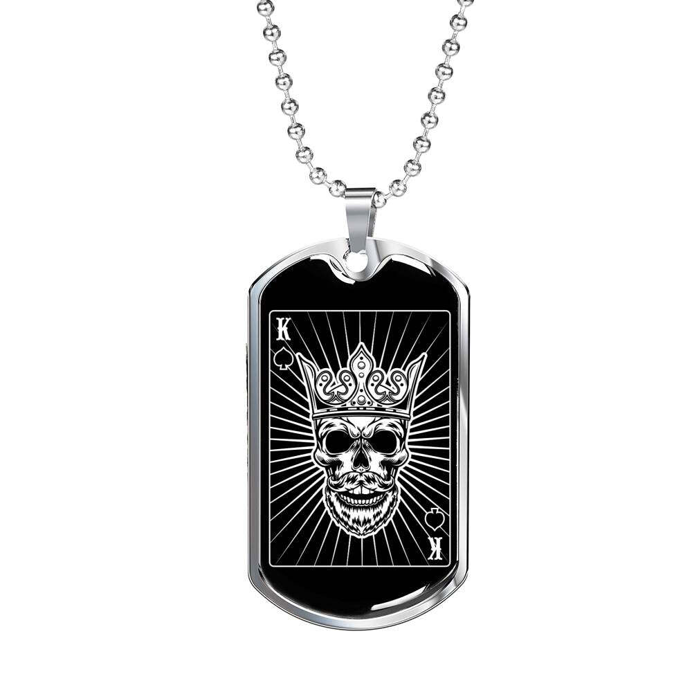King Of Spades Skull Dog Tag in Stainless Steel or 18k Gold with 24-Inch Chain
