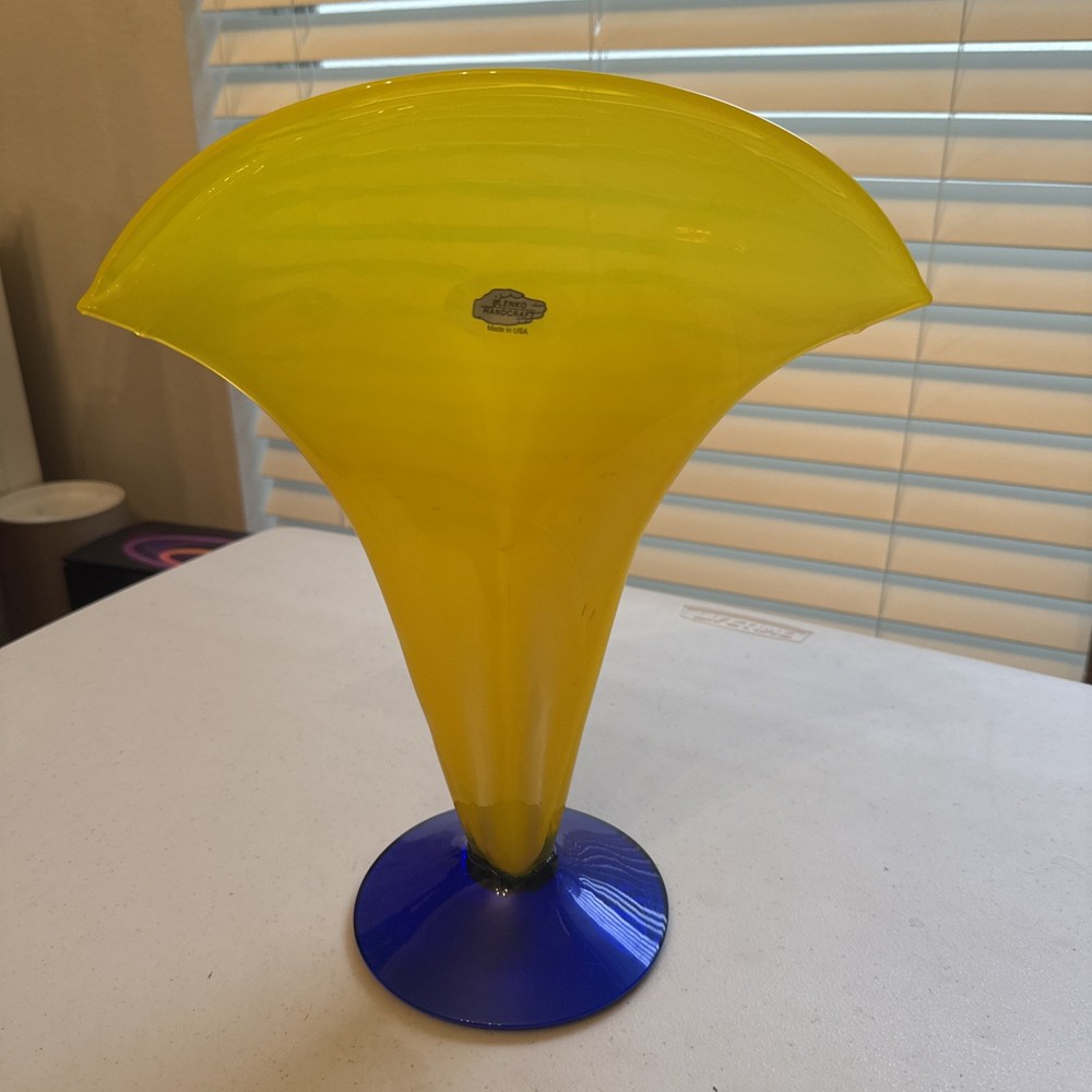 Vtg 2001 Richard Blenko Signed Handcraft Art Glass Yellow Cobalt Blue Fan Vase