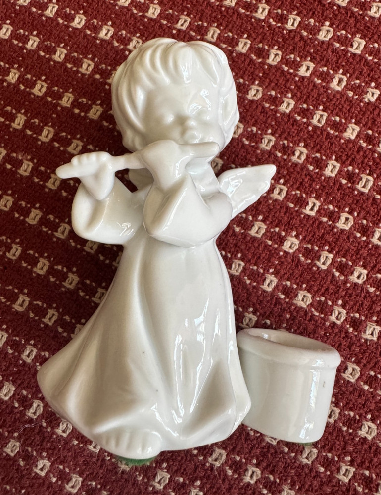 Vintage White Porcelain Angel Playing Flute Taper Candle Holder