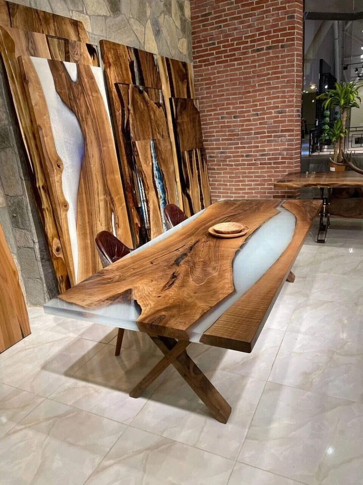 42x96 White Epoxy Resin Table with Natural Wood Modern Sustainable Design