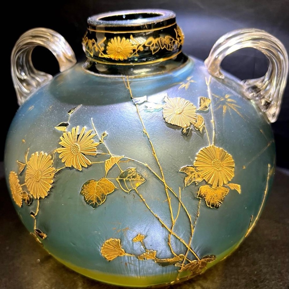 Antique Old Moser Glass Enamel Gilt Flower Vase 8.6inch High